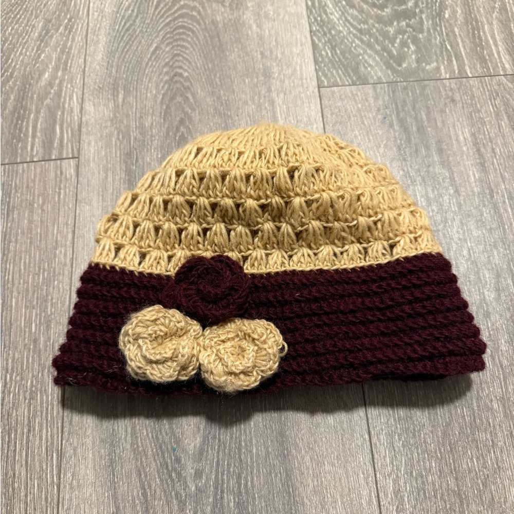 Crochet Wool Beanie with Floral Accent